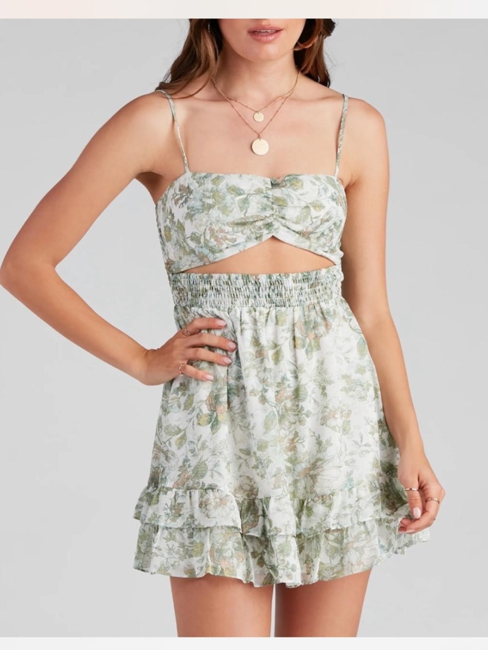 Windsor Green and Cream Floral Smocked Mini Dress